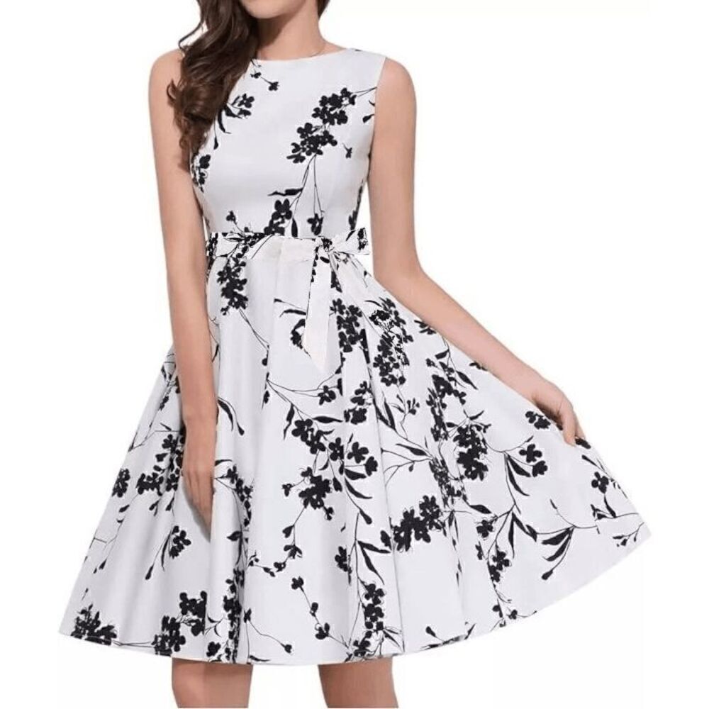 🖤🤍 Pinup Retro Vintage 1950s Floral White Rockabilly Dress w/Belt NEW L - Picture 6 of 15